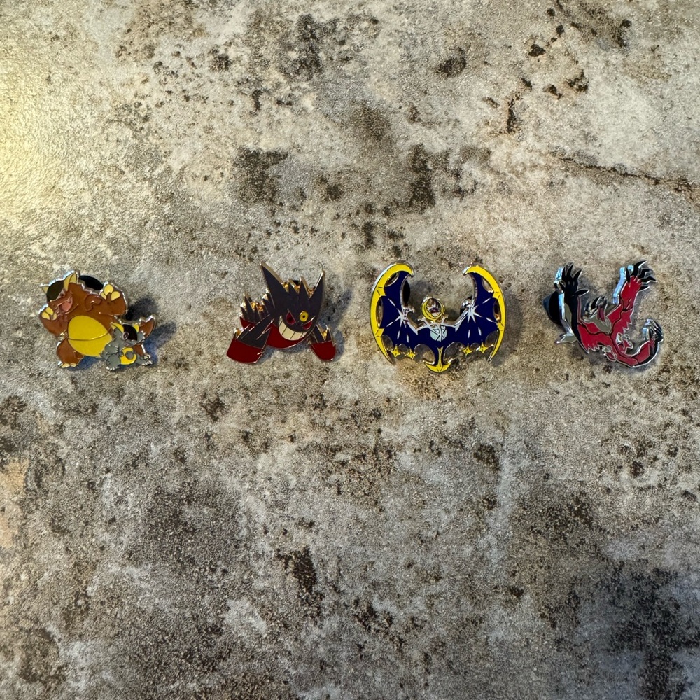 Bundle of (4) Pokemon Pins Yveltal, Mega Kangaskhan, Mega Gengar, Lunala set.